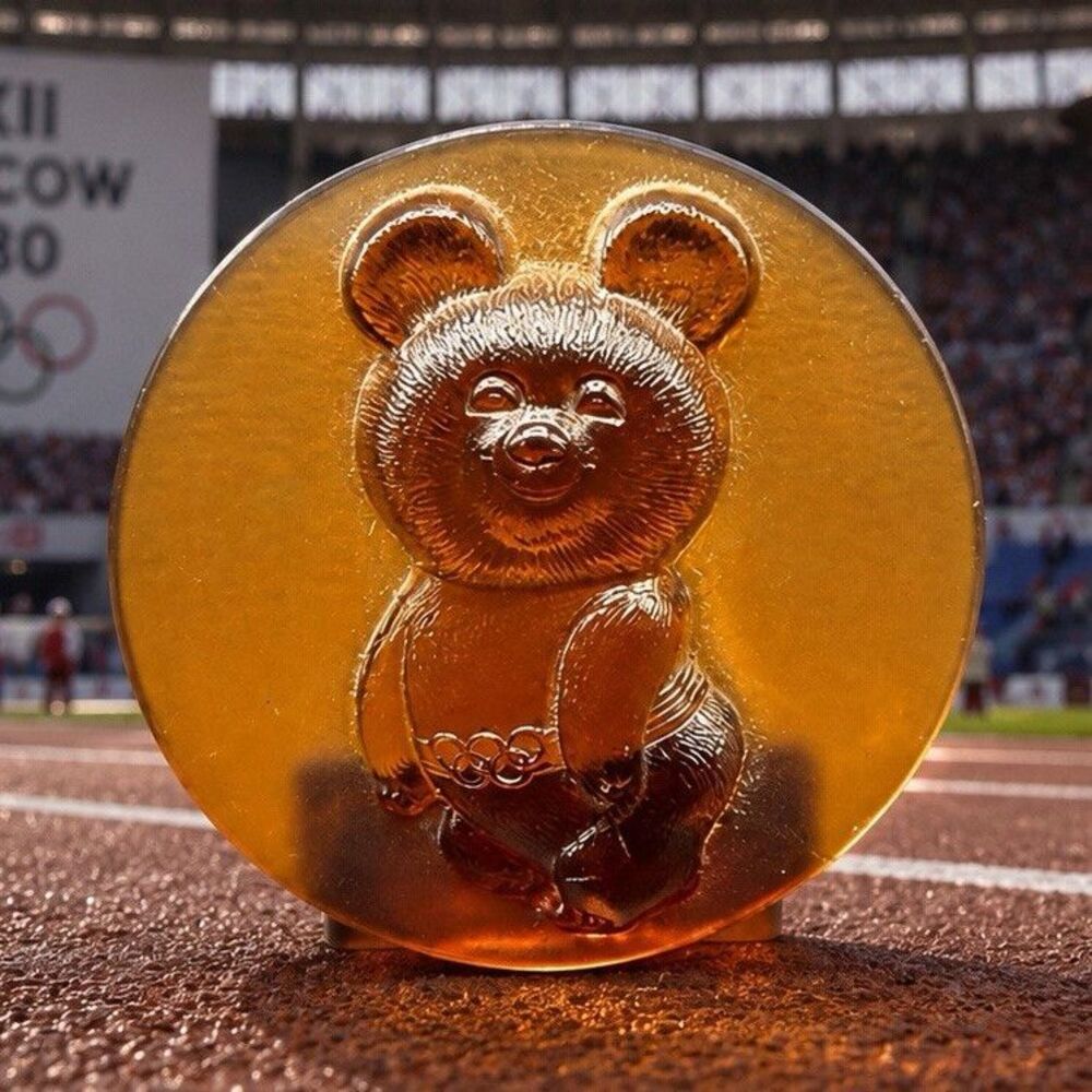 XXII Moscow 1980 Olympics Misha Amber Pressed Glass Desk Medal Souvenir 8cm USSR